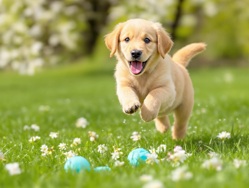 Golden retriever puppy playing in the grass