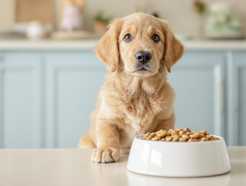 Golden retriever puppy with a bowl of dog food