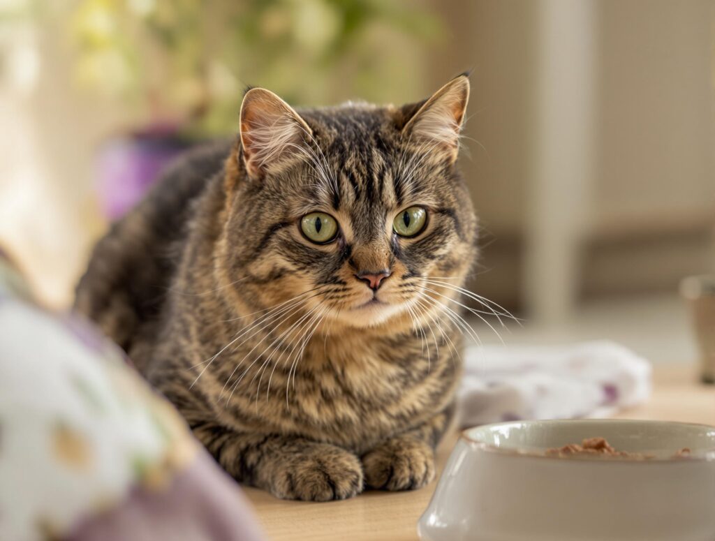tabby grey-brown cat in front of a food bowl