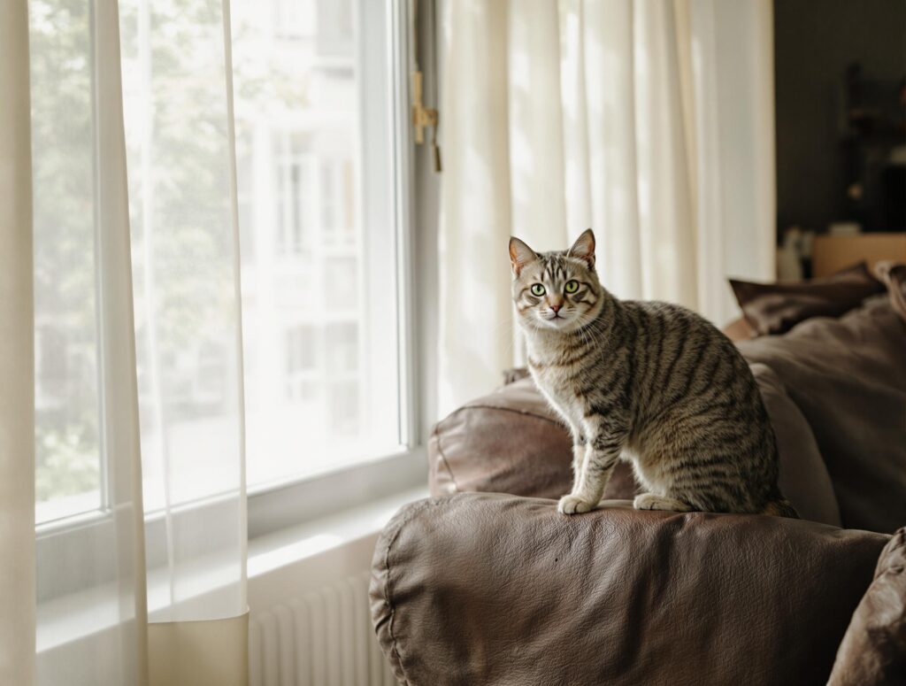 gray cat on a brown couch