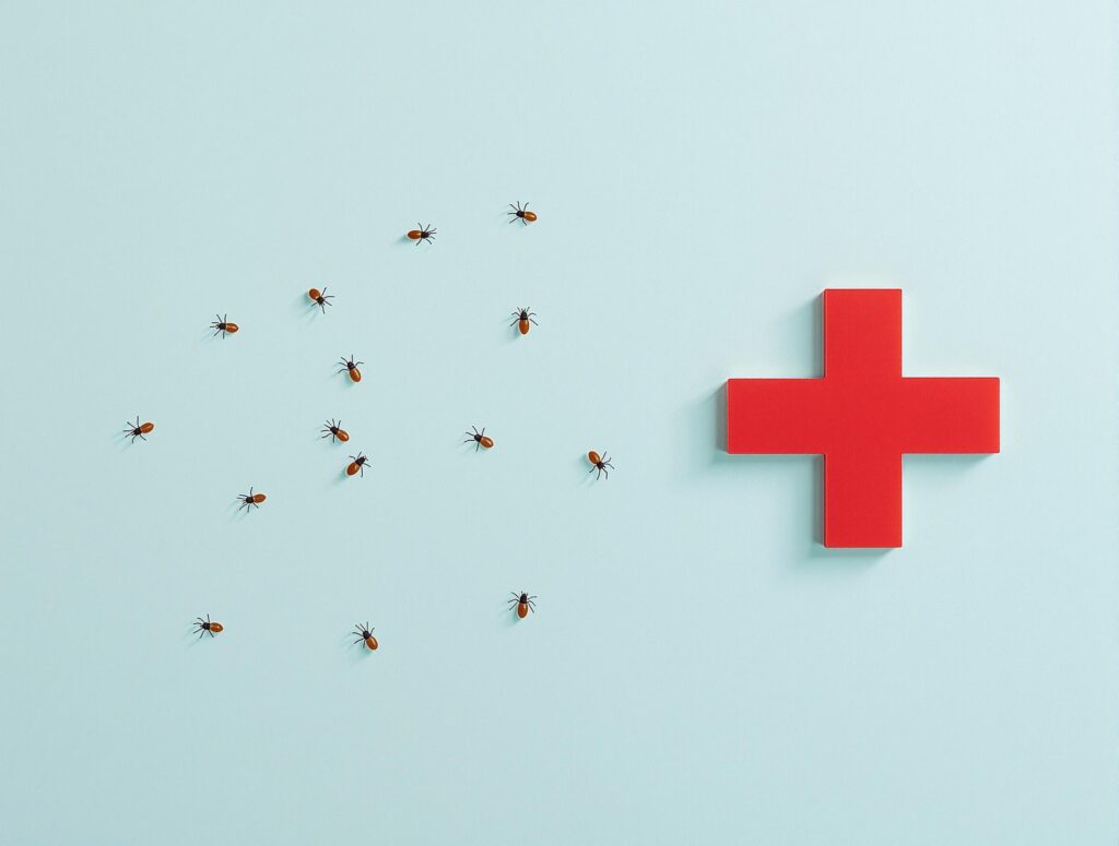 Multiple ticks or tiny insects with reddish-brown bodies scattered across a pale blue wall, with a red medical cross symbol positioned on the right side suggesting health concerns related to tick-borne diseases.