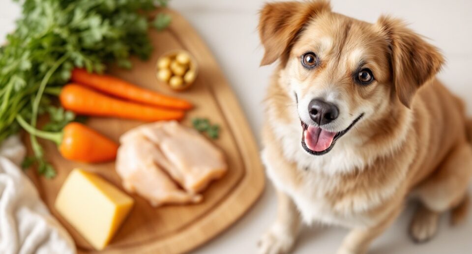 Happy looking dog with some meat and vegetables