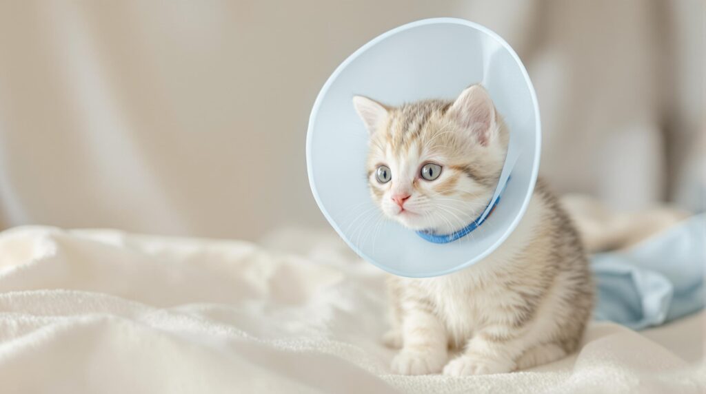 grey and white tabby kitten with a cone around its head