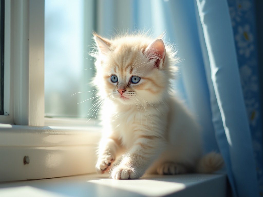 White kitten by a sunny window