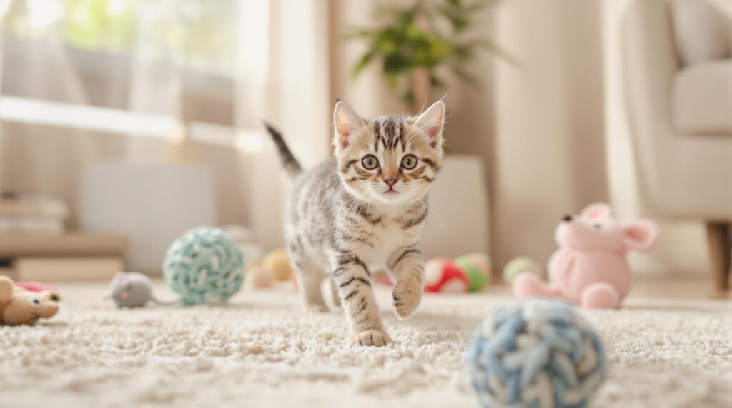 kitten running towards toys