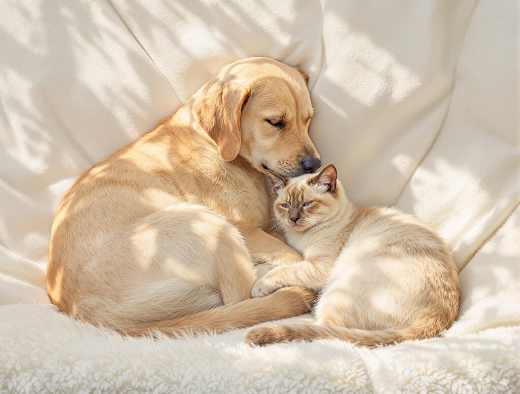 A sleeping golden retriever curled protectively around a cream-colored cat, both nestled together on white bedding bathed in soft sunlight