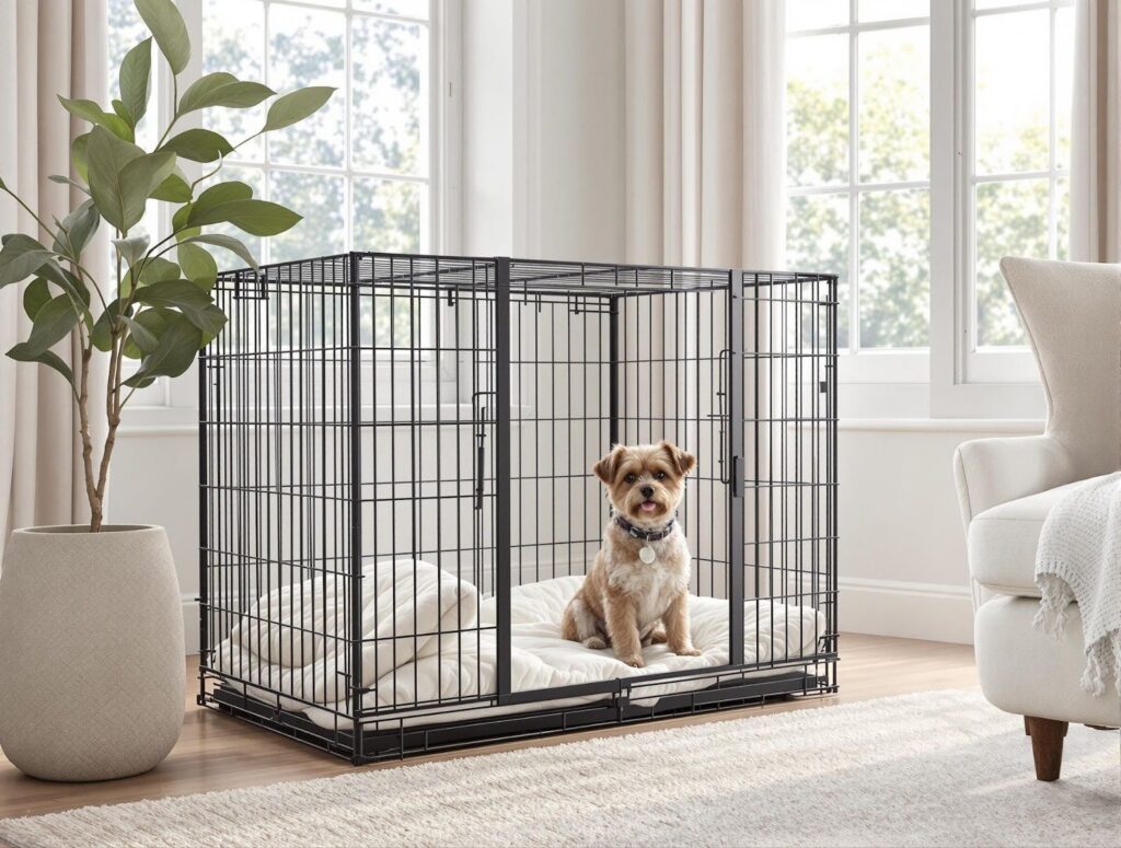 Light brown shih tzu sitting inside a crate