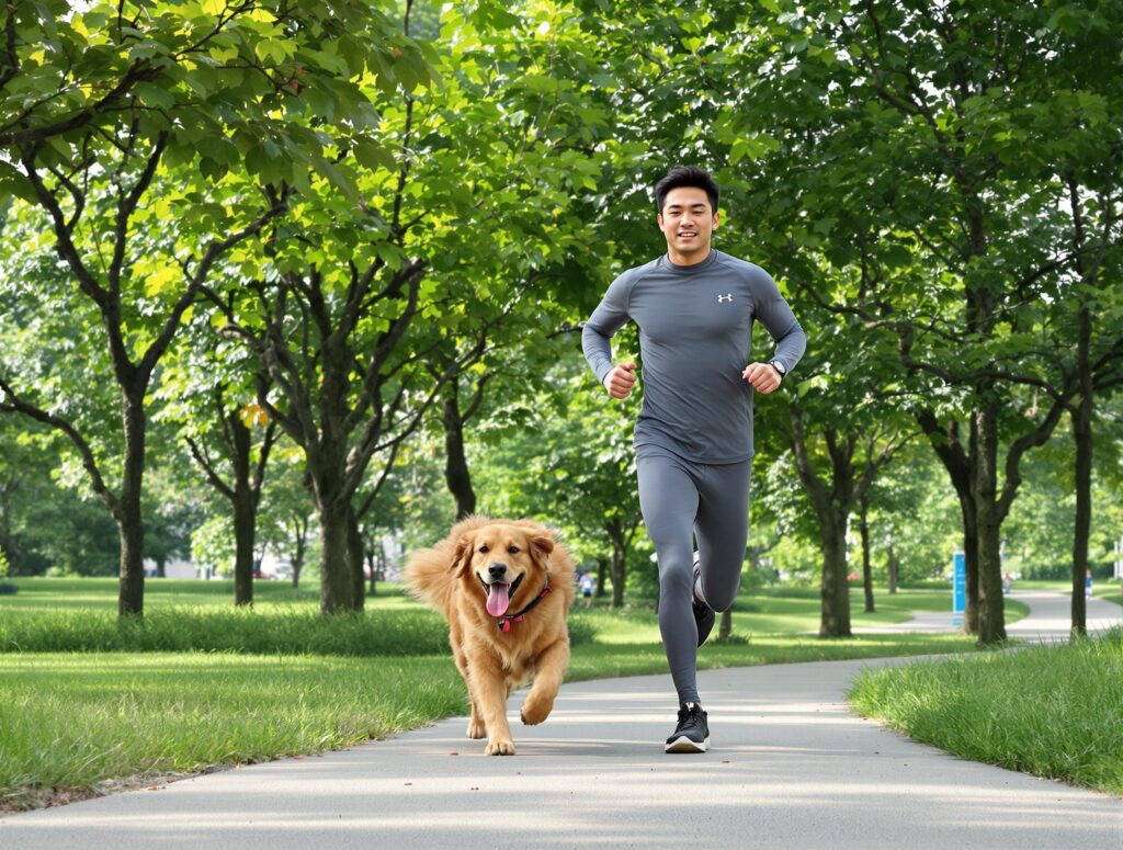 a man running with his golden retriever dog