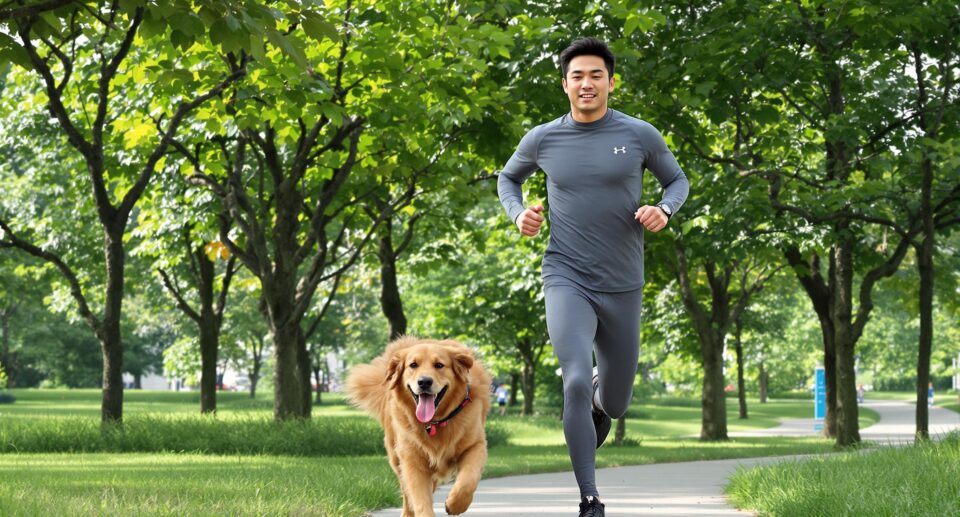 a man running with his golden retriever dog