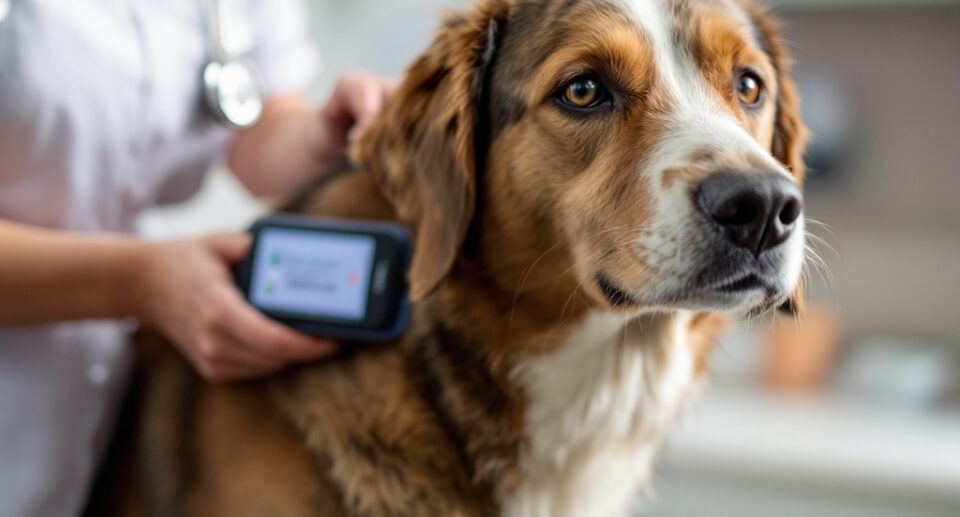 a dog being scanned for a microchip