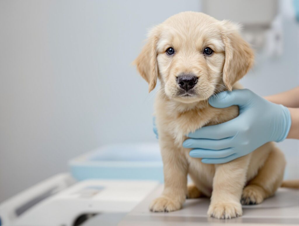 puppy being weighed in a vet clinic
