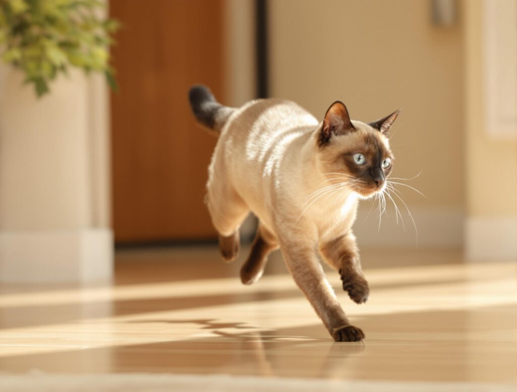 siamese cat running inside living room