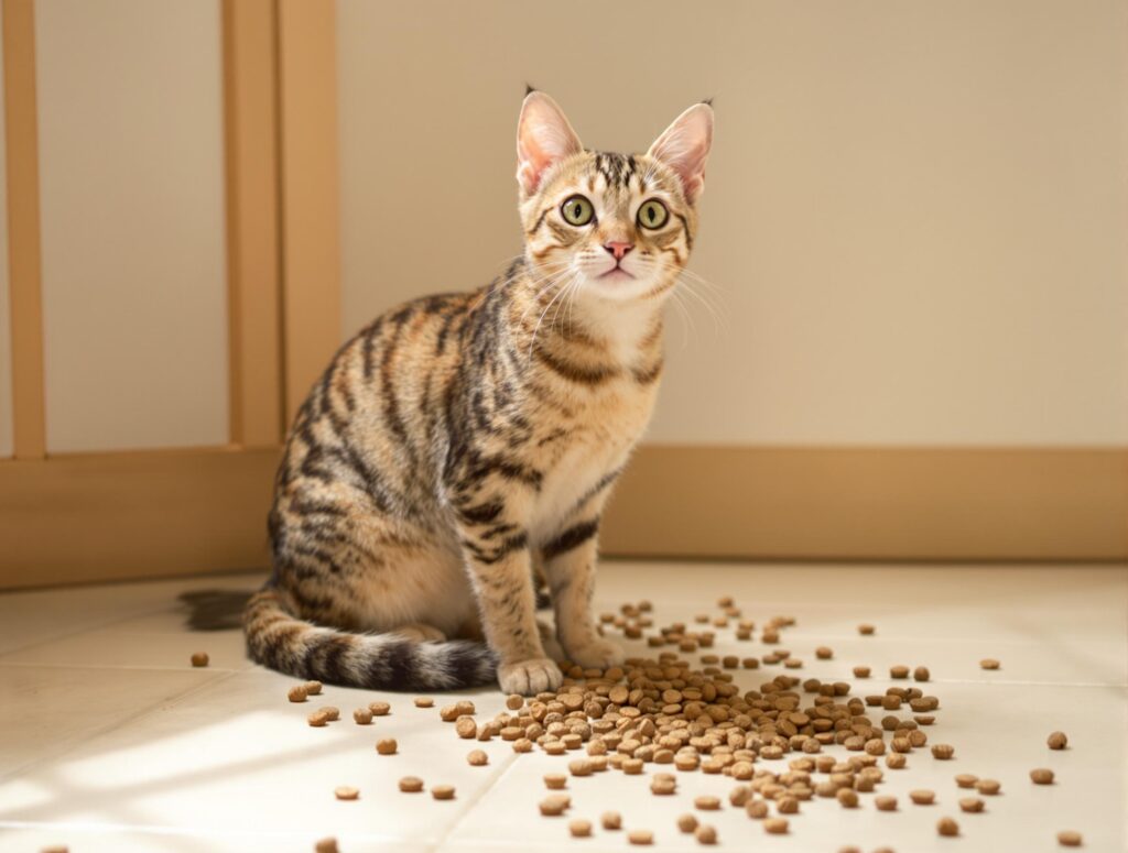 Tabby cat standing over spilled cat food