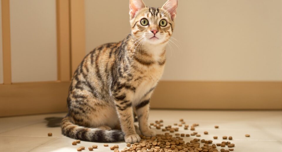 Tabby cat standing over spilled cat food