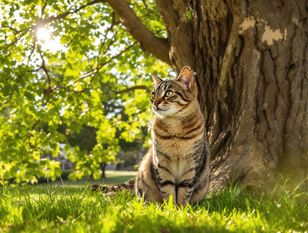 tabby-cat-sitting-in-front-of-a-tree