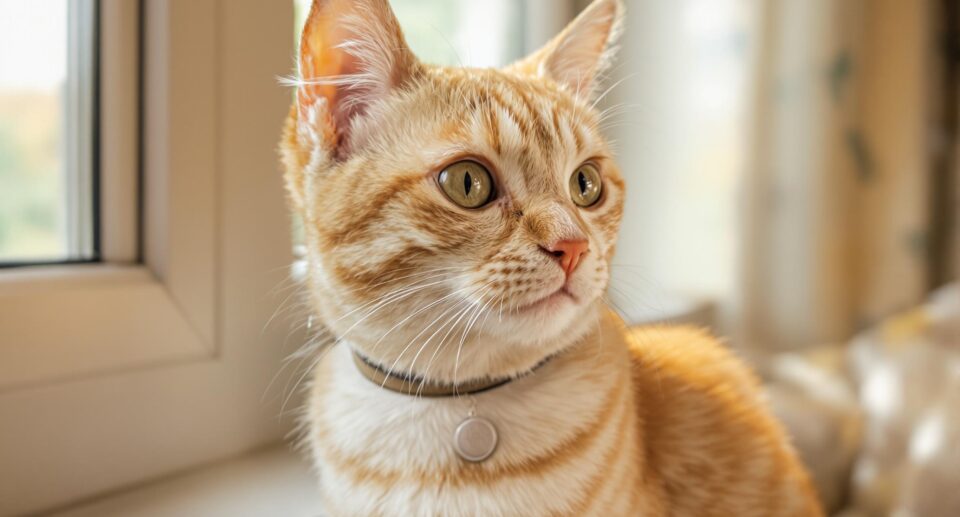 tabby kitten by window wearing a collar