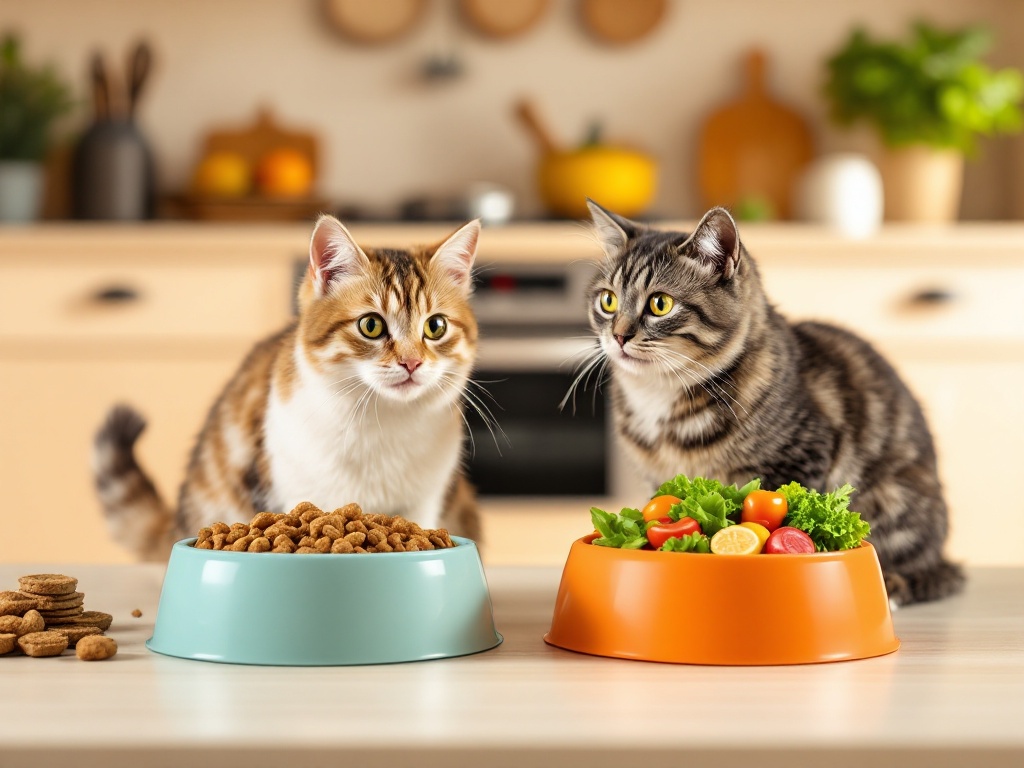 two-cats-sitting-by-food-bowls