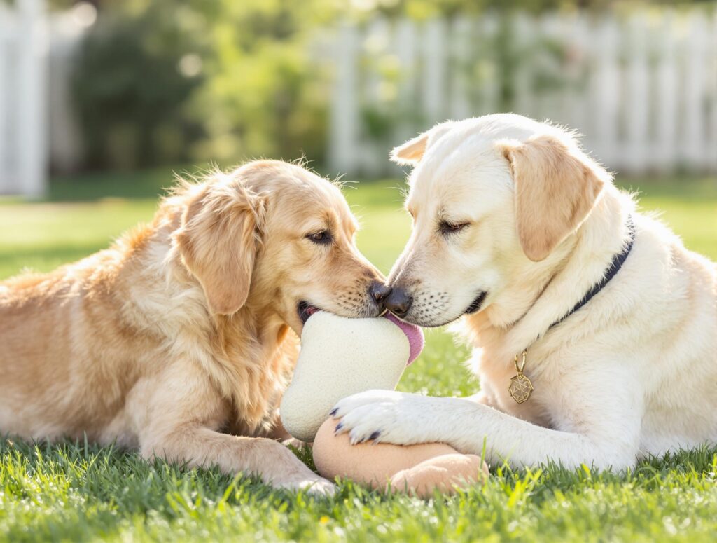 Golden retriever and labrador playing with a plushie