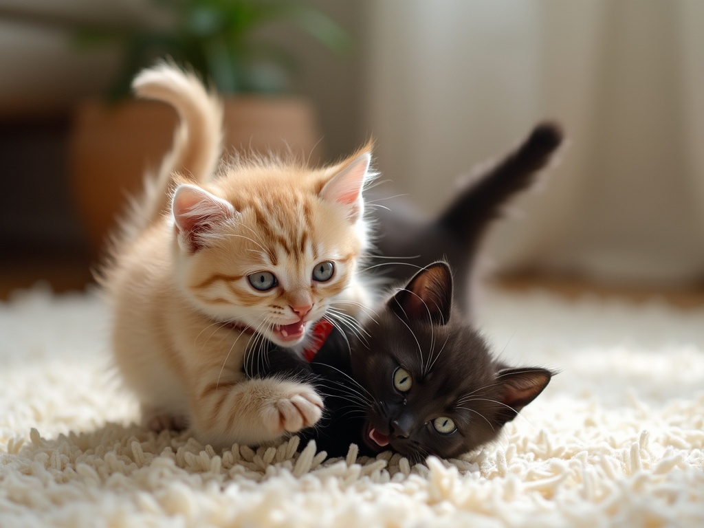 Two kittens playing on a rug