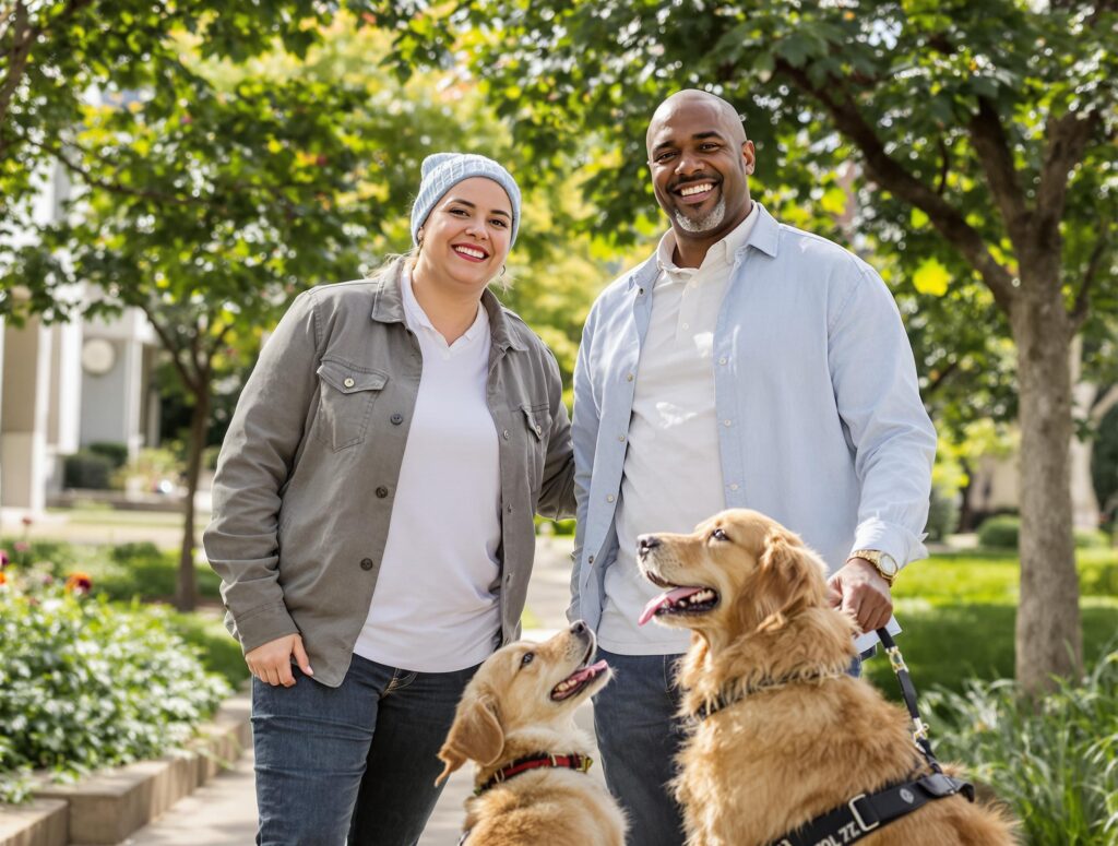 two-pet-owners-having-a-friendly-conversation-with-their-playful-dogs-nearby
