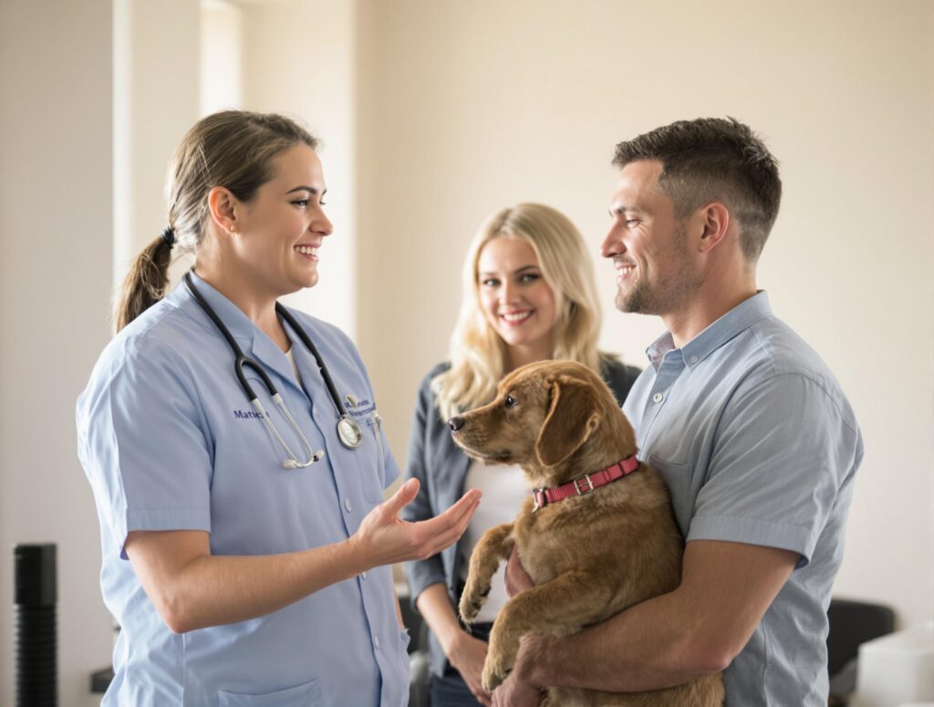 veterinarian-explaining-to-a-young-couple- in-a-softly-lit-clinic
