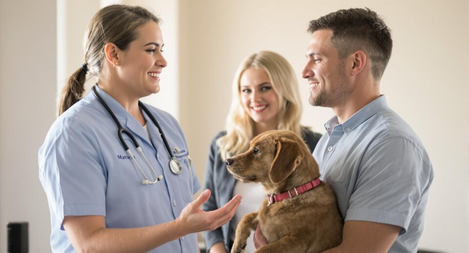 veterinarian-explaining-to-a-young-couple- in-a-softly-lit-clinic
