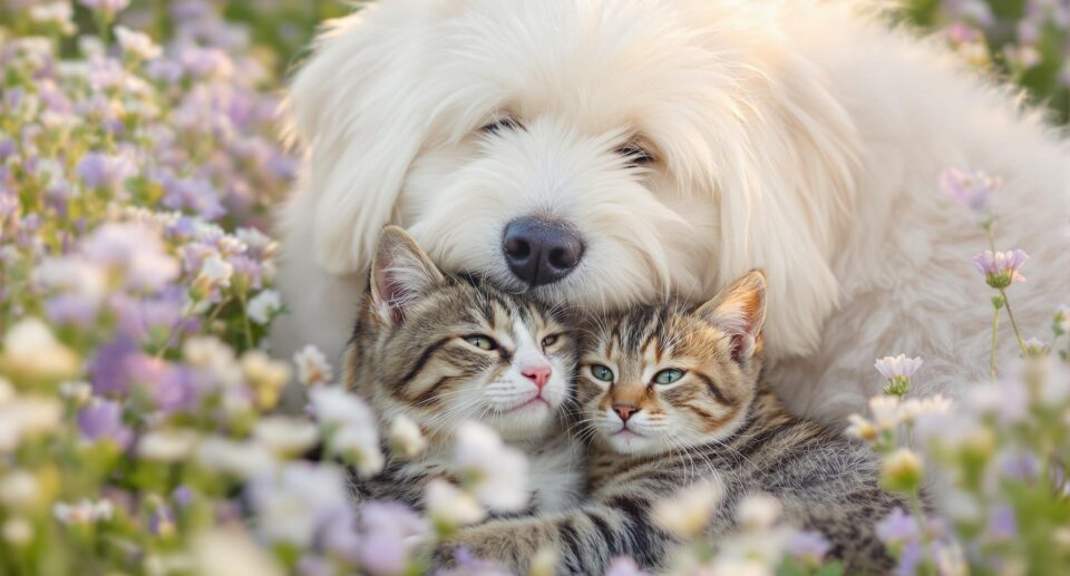 A fluffy white dog with closed eyes cuddles two tabby kittens among a field of delicate purple and white wildflowers.