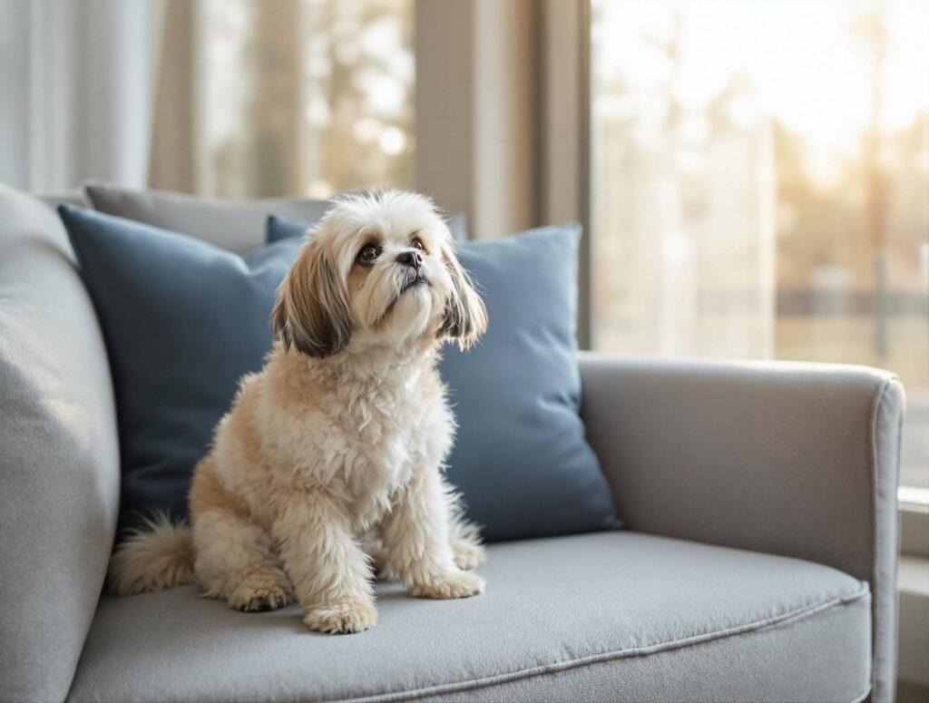 white shih tzu sitting on a couch