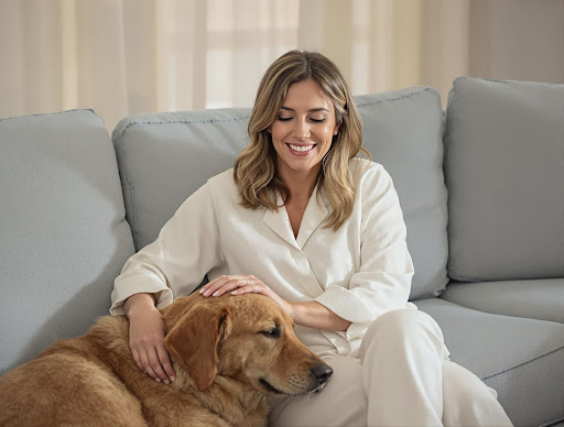 Woman petting a golden retriever on a couch