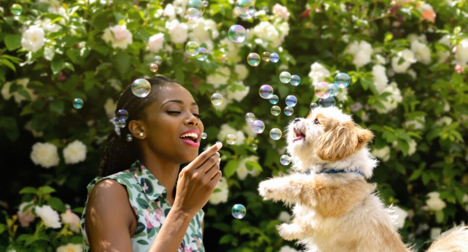 woman blowing bubbles and playing with puppy