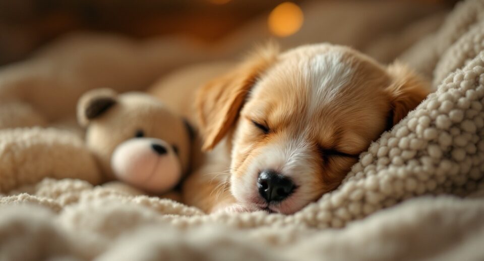 puppy sleeping beside a stuffed toy