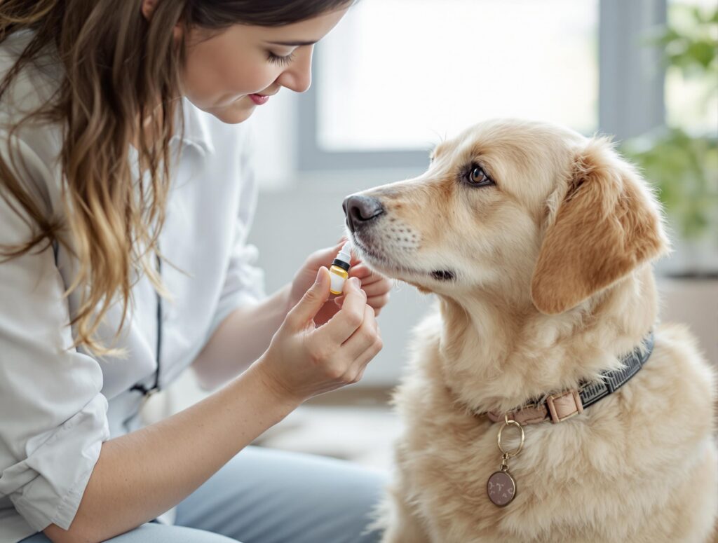 a pet owner gently administering CBD oil to a calm and trusting dog