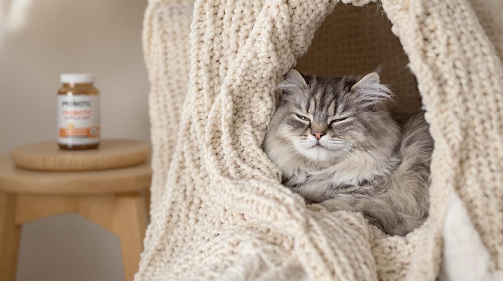 Cat lies comfortably in a nook with a probiotic supplement