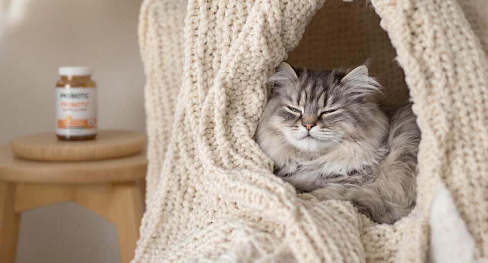 Cat lies comfortably in a nook with a probiotic supplement