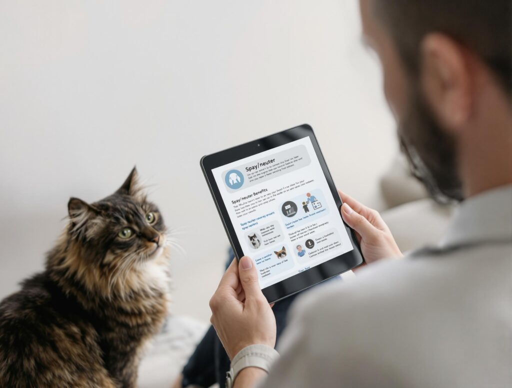 A cat owner is looking at a tablet with his cat near him.