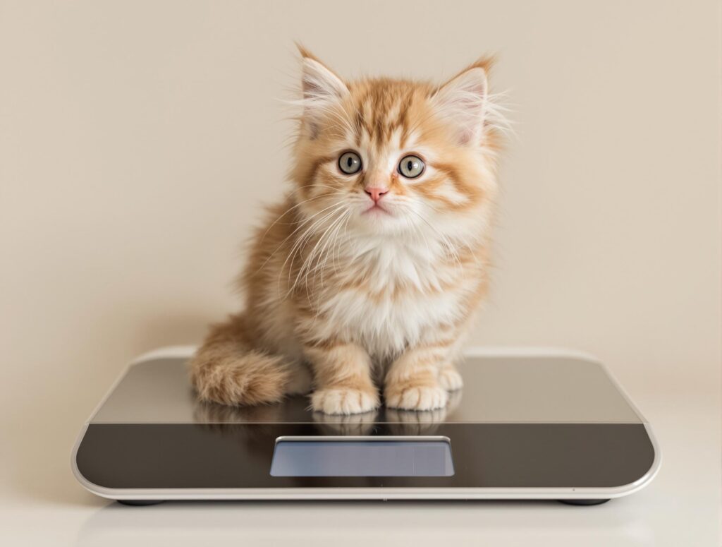 fluffy orange cat sitting on a scale