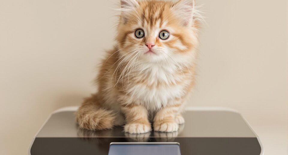 fluffy orange cat sitting on a scale