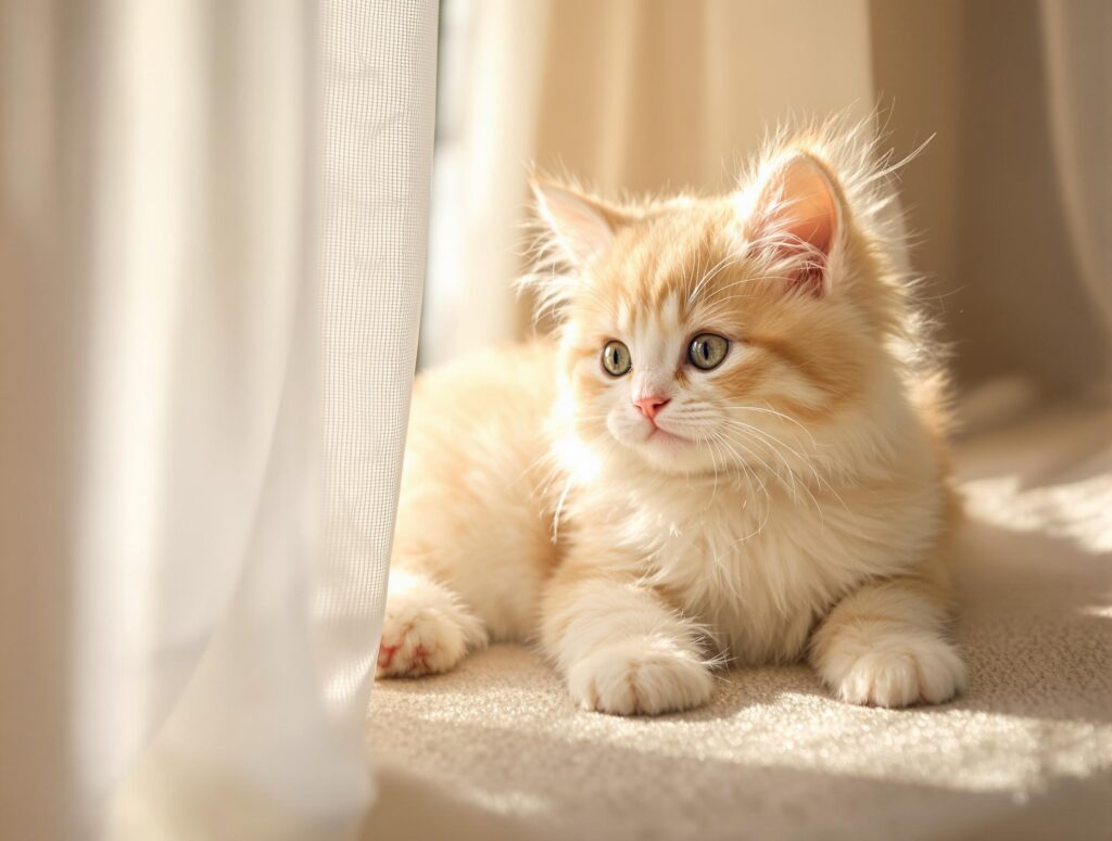 fluffy orange and white kitten by a lit window