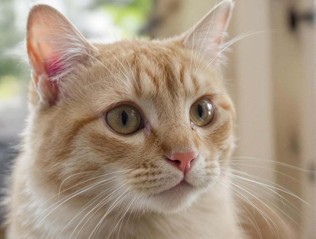 A close-up of a cat's face, highlighting bright eyes and whiskers, showcasing its personality and detail.