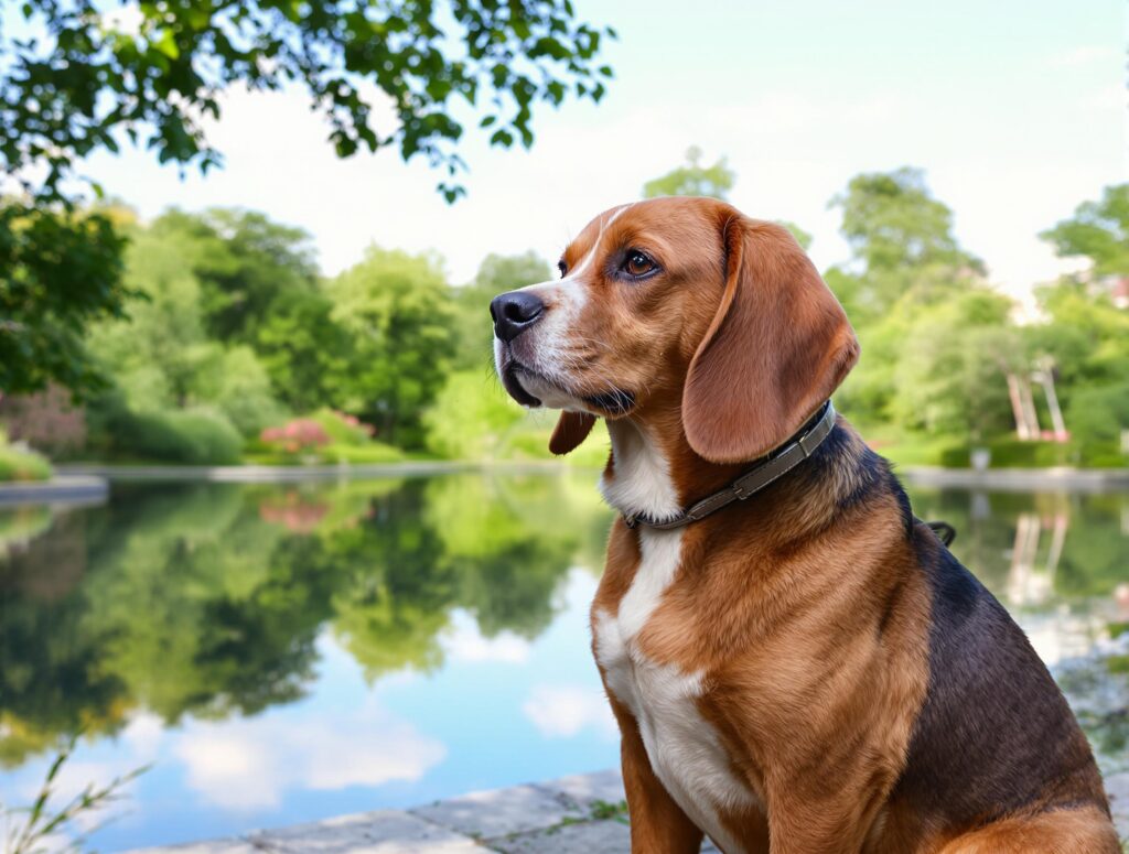 Beagle sitting by a pond