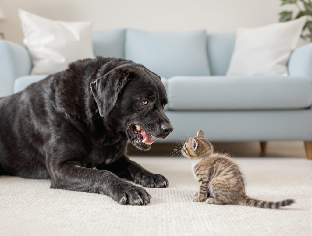 black dog growling at kitten