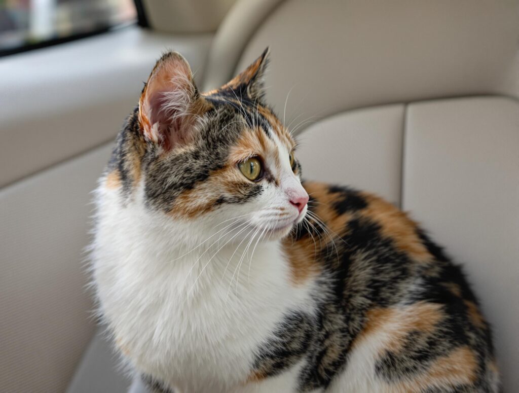Calico cat inside a car