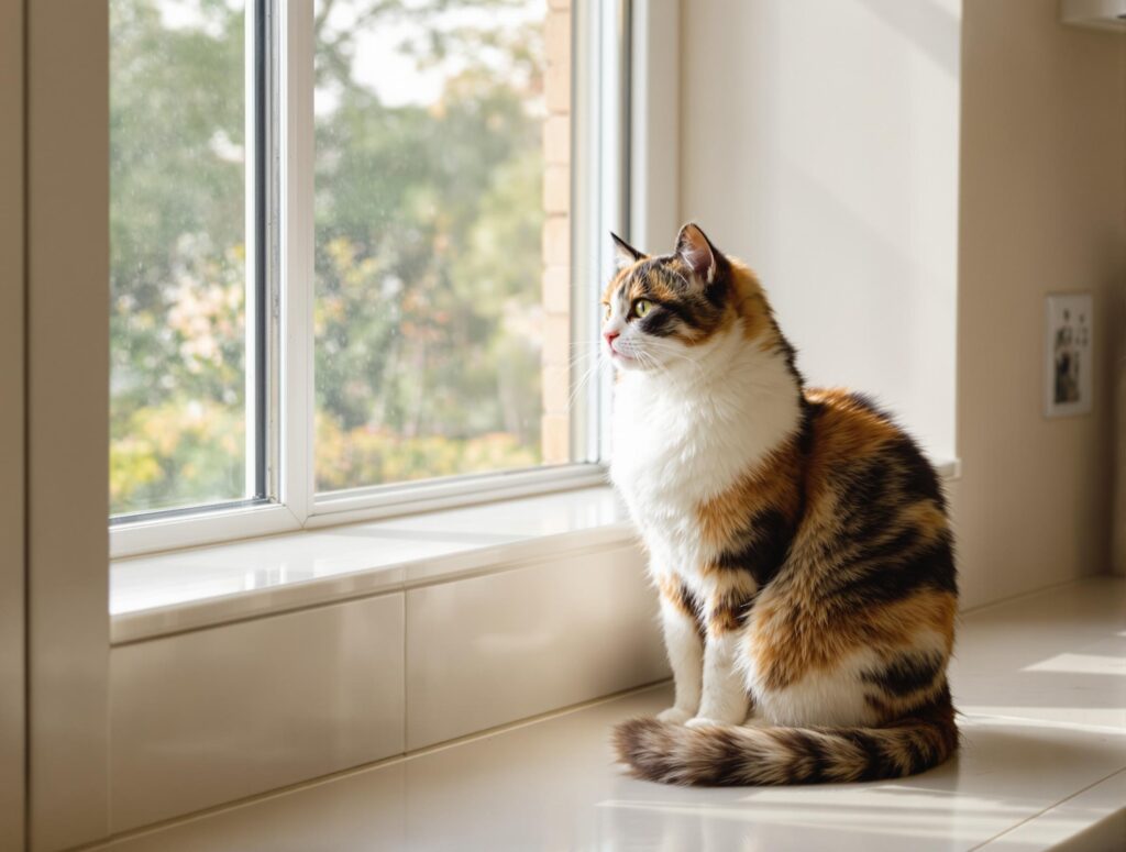 Calico cat in a counter by the window