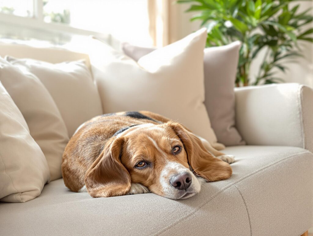 A calm beagle lying comfortably on a plush sofa in a warm, inviting living room environment.