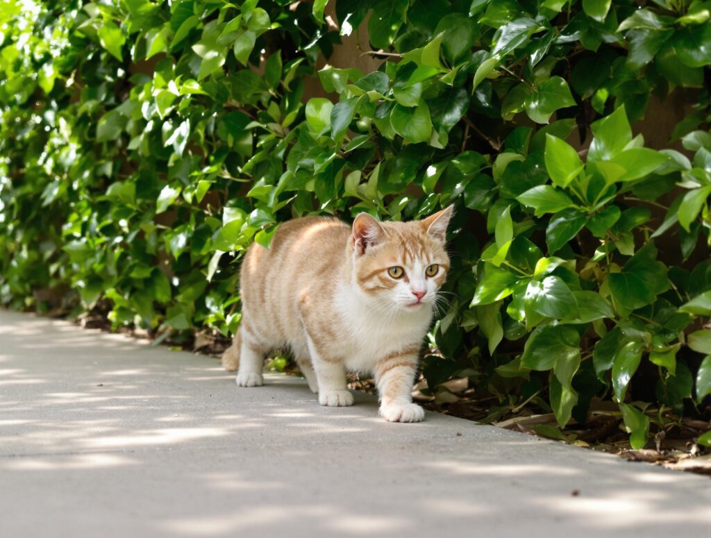 An adult cat exploring a lush garden, captured mid-step with a peaceful expression, surrounded by gentle green leaves and warm beige tones.