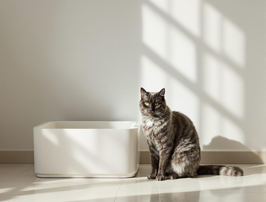 A cat sitting beside a white litter box.