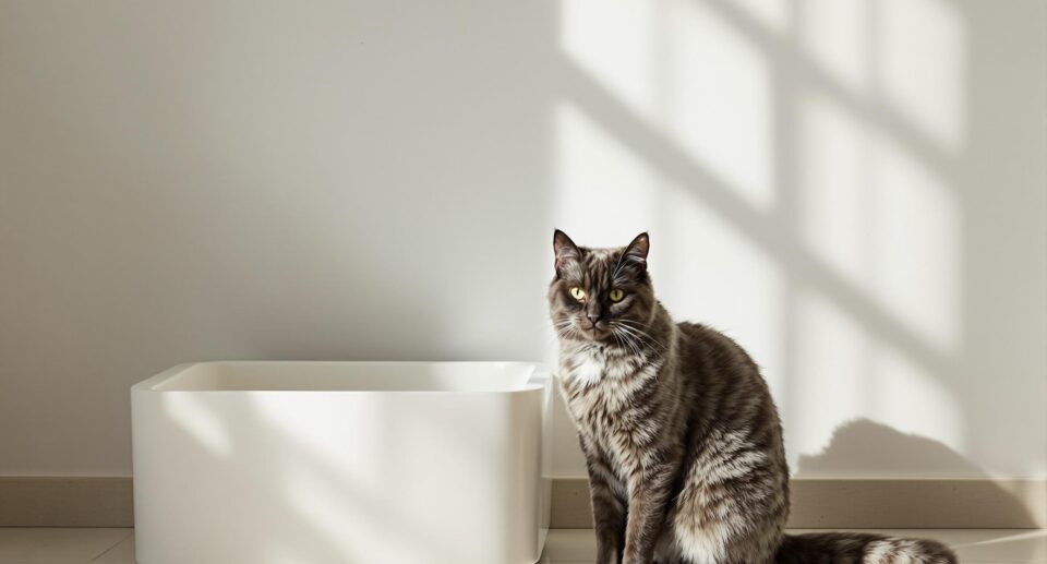A cat sitting beside a white litter box.