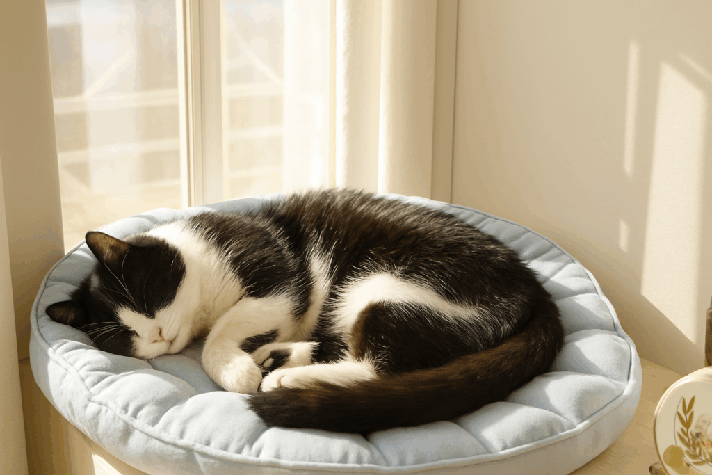 black and white cat sleeping in a bed next to a window