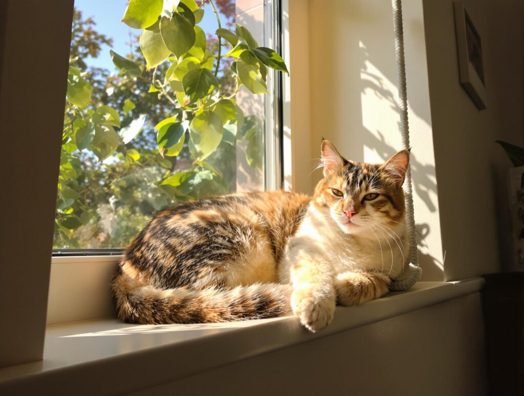 Domestic short-haired cat contently basking on a sunlit window ledge, surrounded by gentle greenery and soft daylight.
