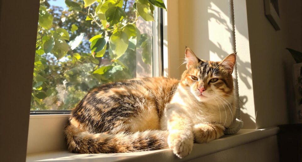 Domestic short-haired cat contently basking on a sunlit window ledge, surrounded by gentle greenery and soft daylight.